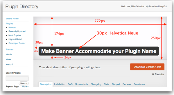 Annotated WordPress Plugin Banner with Dimensions and Font Size and Family