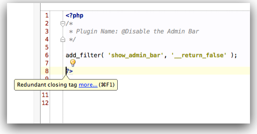 Redundant PHP Closing Tag as Show in PhpStorm
